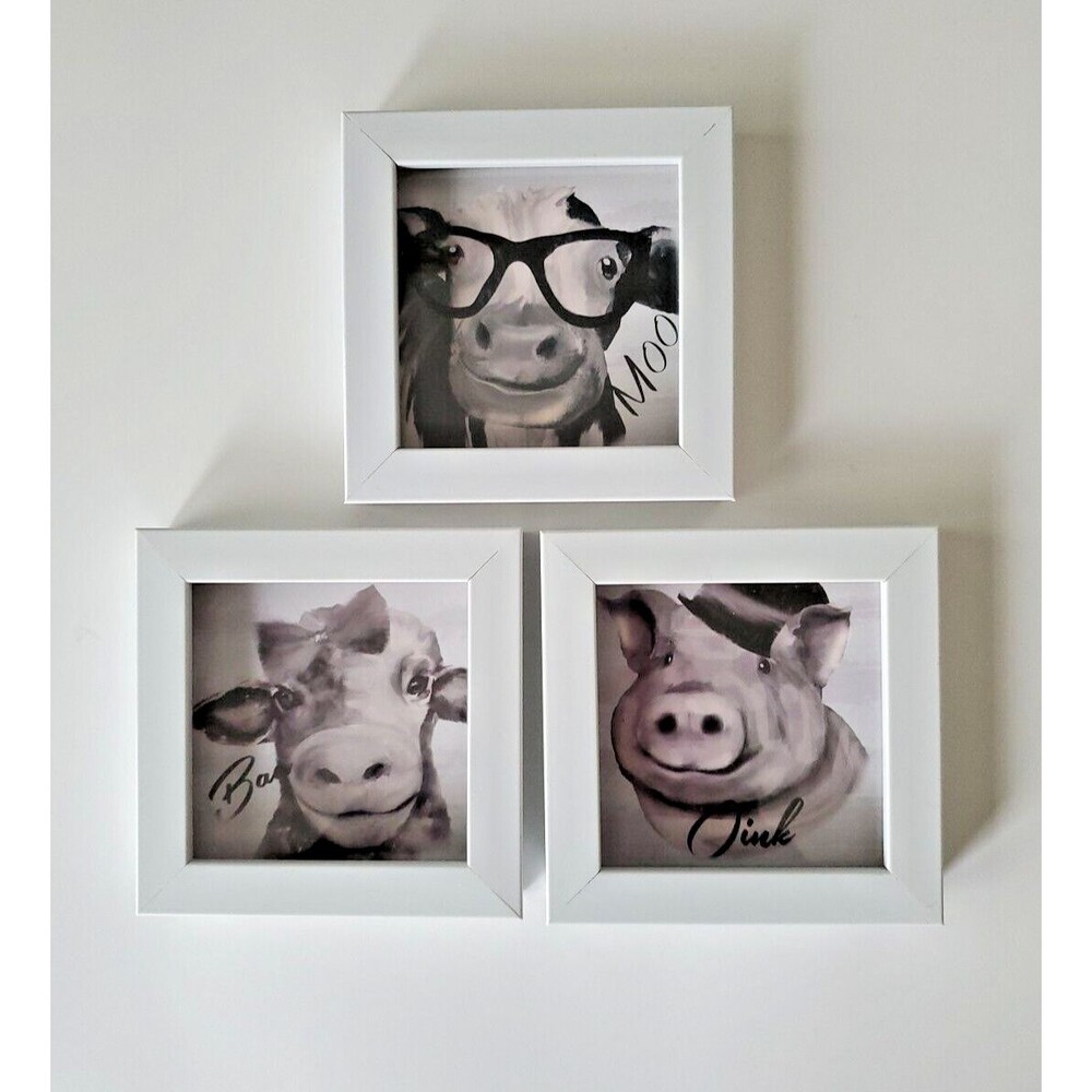Always Home INT Set 3 White Framed Ready To Hang Small Farmhouse Animal Pictures